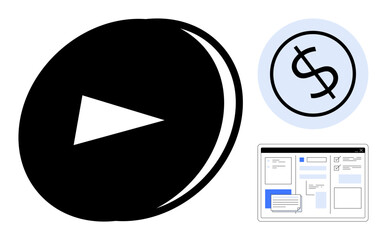 Play button symbol for digital media, dollar sign in a circle representing monetization, and webpage layout for online content creation. Ideal for streaming, media, revenue, creativity, online