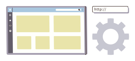 Browser window showcasing layout grid with search bar and gear for web customization. Ideal for user interface, web development, browsing, internet, design, navigation, customization. Simple flat