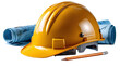 © yeewa - Blueprint for Construction: A close-up image features a bright yellow safety helmet resting atop rolled-up blueprints, next to a pencil, epitomizing construction, architecture.