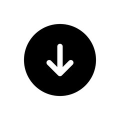 White down arrow centered inside a black circle indicating direction and navigation downwards on screen view