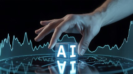 Human hand places ai cube on futuristic digital interface with data graph
