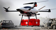 © LiliGraphie - Quadcopter drone delivering medical supplies. Medical drone with red first aid box flying over war zone with destroyed cars. Emergency UAV delivering medical supplies in disaster or conflict area.