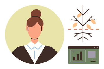 Woman in formal attire, decision tree diagram, analytics interface with chart. Ideal for data science, career growth, planning, analysis, education leadership innovation. Simple flat metaphor