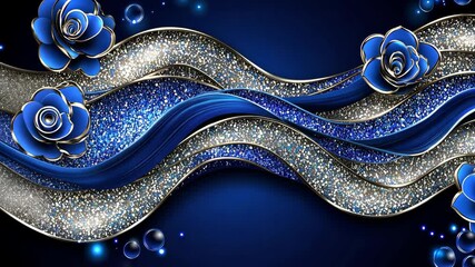 Wall Mural - Stunning blue roses and glittering waves create an elegant and luxurious design.