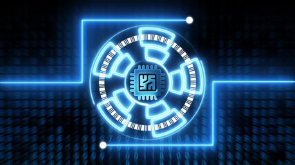 Futuristic Blue Neon Circuit Board with CPU Chip and Binary Code Background technology digital