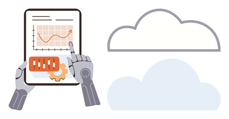 Wall Mural - robotic hand interacting with data dashboard on tablet, showcasing analytics and gear icon next to c