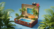 © PhotoArtHub - Miniature tropical scene inside vintage suitcase, showcasing palm trees, pool, and beach chairs.  Represents travel, vacation, and escapism