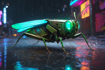 Wall Mural - Futuristic Robotic Insect in Neon Cityscape. Generative AI. 