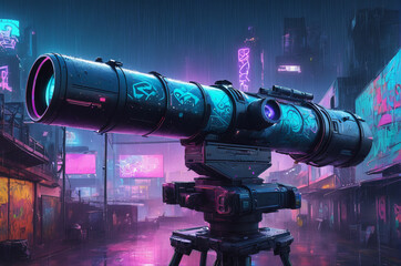 Wall Mural - Futuristic Telescope in Neon City Vector Illustration. Generative AI.