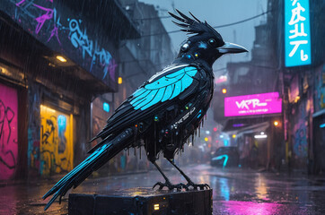 Wall Mural - Futuristic Robotic Bird in Neon City Street at Night. Generative AI.