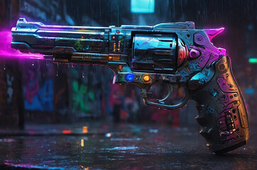 Wall Mural - Futuristic Sci-Fi Handgun with Neon Glow in Rain. Generative AI.