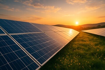 Photovoltaic solar panel array reflecting sunlight during golden sunset with sun low on horizon and green grass field environment
