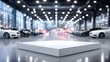© Mohdfaridzazhar - Luxury showroom platform - Glossy white platform in an automotive showroom with bright lights, blurred background cars,