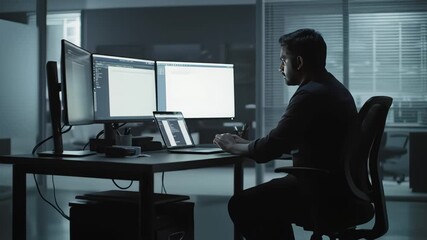 Male Programmer Focused on Writing Code in a Dark Office With Multiple Monitor and A Laptop