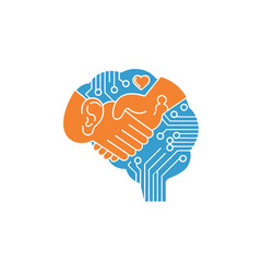 Human-AI synergy concept, a symbolic handshake inside a digital brain representing partnership and emotional intelligence