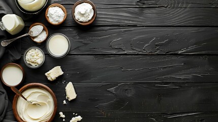 Wall Mural - Abstract background with dark wood texture, dairy products in wooden bowls and glass containers.
Useful for culinary blogs, articles on healthy eating, advertising natural products.