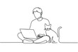 © AFAZ - Person working on laptop with cat companion in minimalist line art style