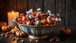 © ZH14 - A vintage candy bowl filled with treats and caramel apples, warm candlelight reflecting, nostalgic Halloween atmosphere.