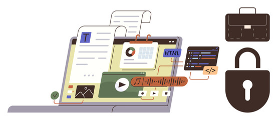 Laptop displaying multimedia content, data charts, code, text, and media files linked to digital security and remote access with icons. Ideal for technology, cybersecurity, communication, data