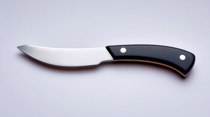 Sharp kitchen knife with black handle and stainless steel blade on light background