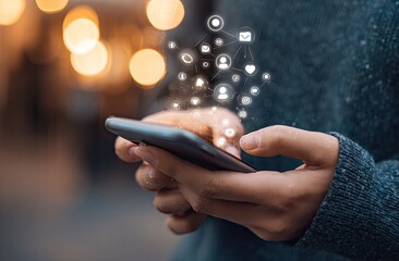 Person using smartphone, glowing social media icons emerge