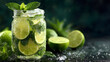 © Selvam - A refreshing green beverage can adorned with lime slices and mint, set against a dark background, ideal for hot days, symbolizing thirst-quenching enjoyment and summer vibes.