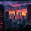 A captivating, animated cityscape at dusk, with skyscrapers silhouetted against a sky of fiery orange and purple clouds.