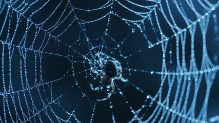 Macro shot of a spider crawling on an intricate web glistening with dew drops under eerie blue light