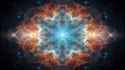 Wall Mural - Symmetrical blue and orange nebula mandala pattern with glowing starburst center and cosmic dust