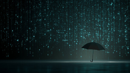 Digital concept with a black umbrella and binary code. Perfect for tech, cybersecurity, data protection, or internet privacy designs.