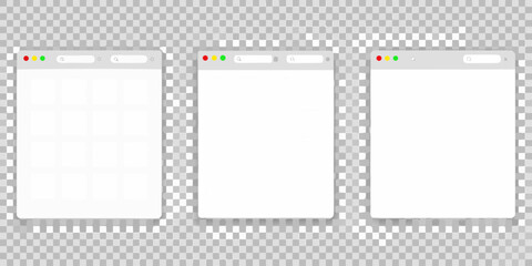 Three blank browser windows on transparent background