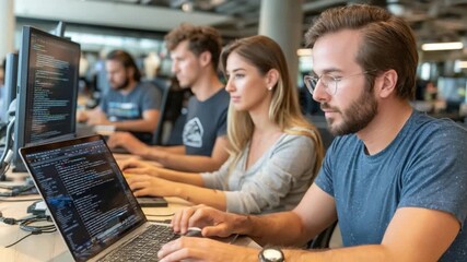 Coding Together: A focused team of tech professionals collaborates, immersed in the world of coding, lines of code illuminating their screens in a modern office environment.