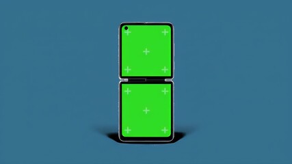 Foldable smartphone with dual green screens for app mockup. Isolated on blue background.