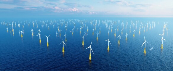 The expansive array of wind turbines harnessing renewable energy in the ocean.