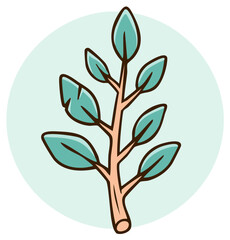 Flat design illustration of a branch with teal leaves against a light blue circular background