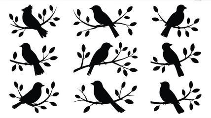 a set of 9 black silhouette illustrations of birds perched on thin tree a set of 9 black silhouette 