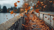 © Jhati - Falling autumn leaves blowing off a bridge into the water on a cloudy autumn day near town