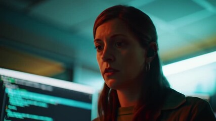 Focused female software engineer coding with illuminated screen data in dimly lit office
