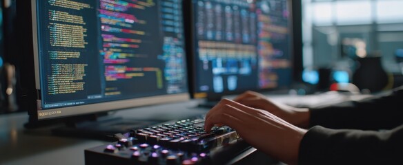 The programmer typing code on a keyboard in a modern workspace environment.