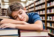 © PNG&Background Image - Portrait of a boy falls asleep on a pile of books in a library with copy space