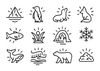Naklejka na meble Arctic Bioluminescent Icons. Outline icon set of arctic bioluminescence: glowing iceberg, radiant penguin,