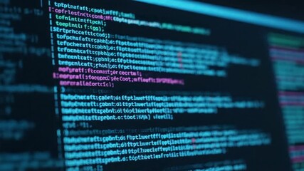 Computer Screen Displaying Abstract Source Code in Teal Magenta and Black