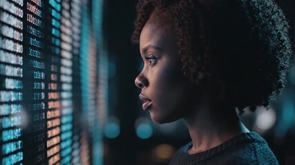 Serious Woman Analyzes White Digits on Blue Screen Display at Night