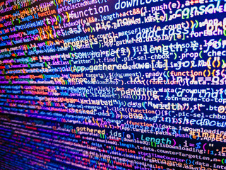 code of javascript language on white background. computer script coding source code on desktop monit