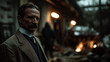 © aris - A man in a suit with a mustache standing in a ruined building