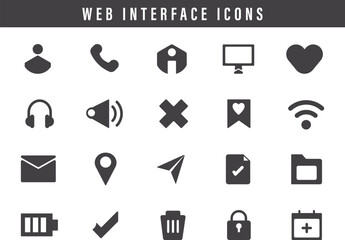 Collection of web interface icons vector illustration, black minimal UI icon symbols for apps, websites, software, mobile, technology, internet, communication, business, media, and navigation
