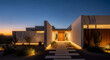 © Saudagar - Tranquil desert residence at dusk, presenting modern architectural elegance