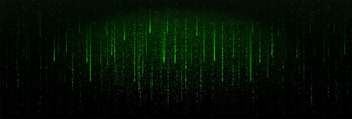 Green Binary Code Falling Digital Rain On Black Background. Futuristic Cyber Matrix Style Concept For Technology, Hacking, And Programming Themes. Vector Illustration