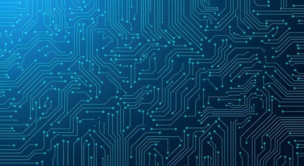 Detailed view of a complex blue glowing circuit board pattern, symbolizing technology, data flow, and digital connectivity