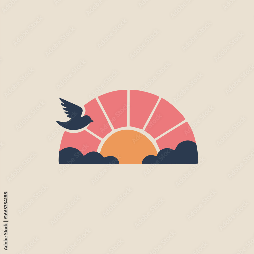 Stylized sunrise with a bird in flight above clouds, symbolizing hope ...